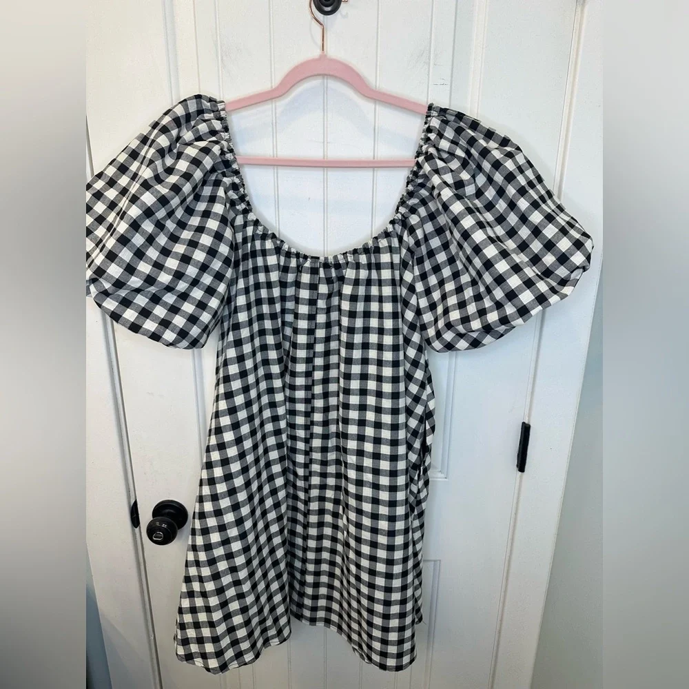 NWT Zoco “Ari” Black & Cream Gingham Puff Sleeve Mini Dress with Pockets Size S - Picture 7 of 7